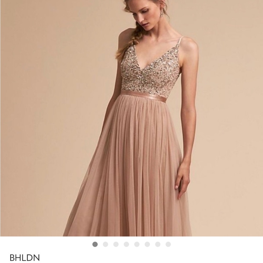 BHLDN Blush Champagne Beaded V-Neck Prom Dress